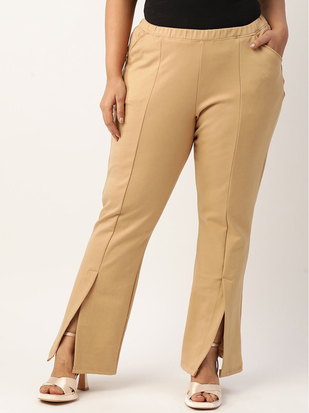 

theRebelinme Women Plus Size Straight Fit High-Rise Easy Wash Pleated Trousers, Beige