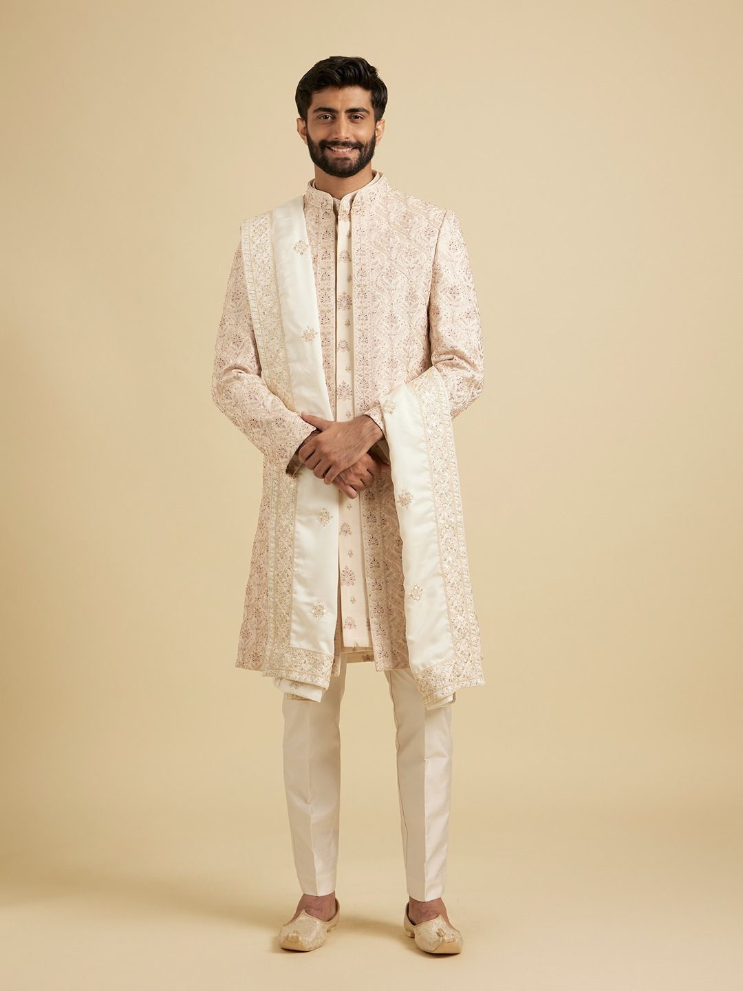 

Manyavar Ethnic Motifs Embroidered Sequinned Satin Dupatta, Cream