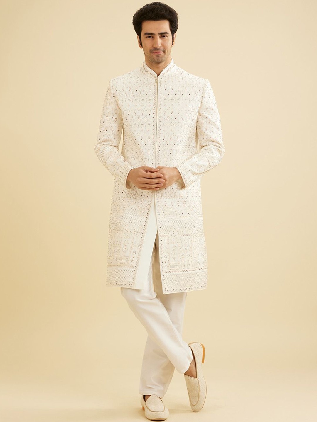 

Manyavar Men Thread & Stone Work Embroidered Sherwani Set, Cream