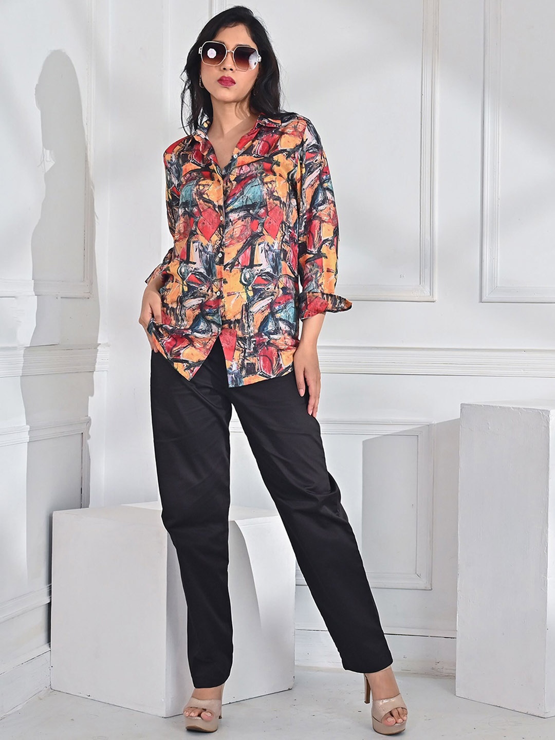 

Unityshop Printed Shirt Collar Long Sleeves Shirt With Trouser, Red