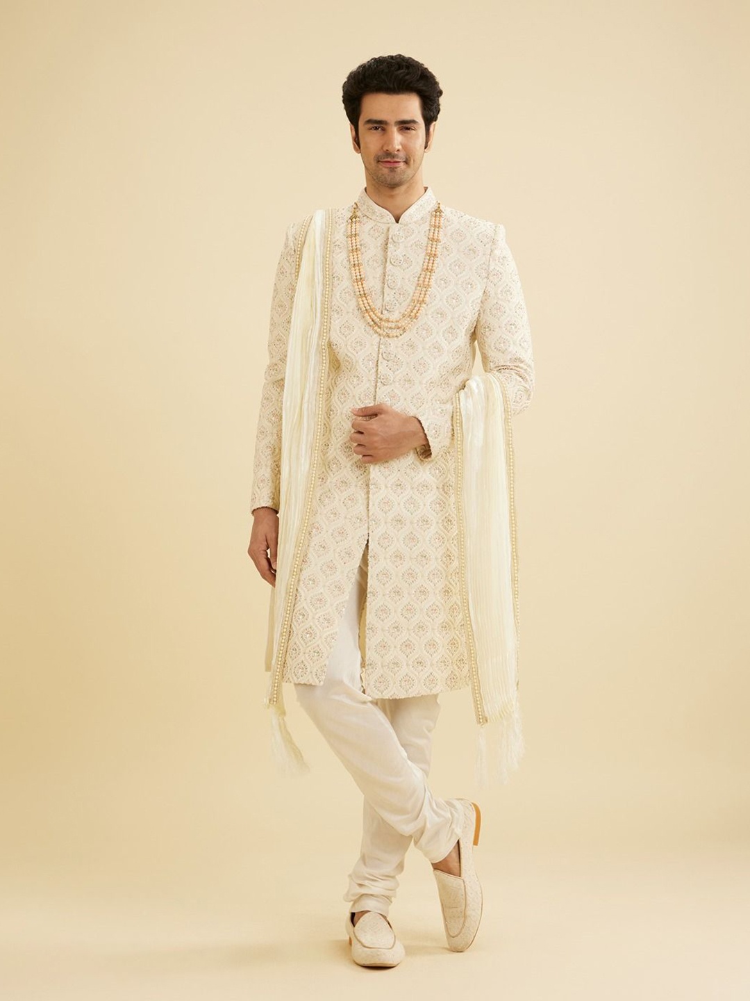 Manyavar Ethnic Motifs Embroidered Beads and Stones Dupatta, Cream
