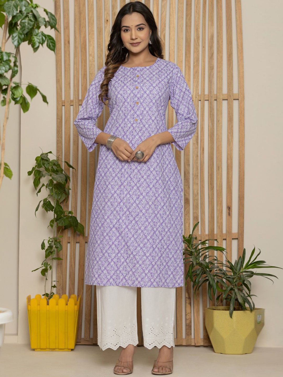 

VEDANA Ethnic Motifs Printed Thread Work Pure Cotton Round Neck Kurta, Blue