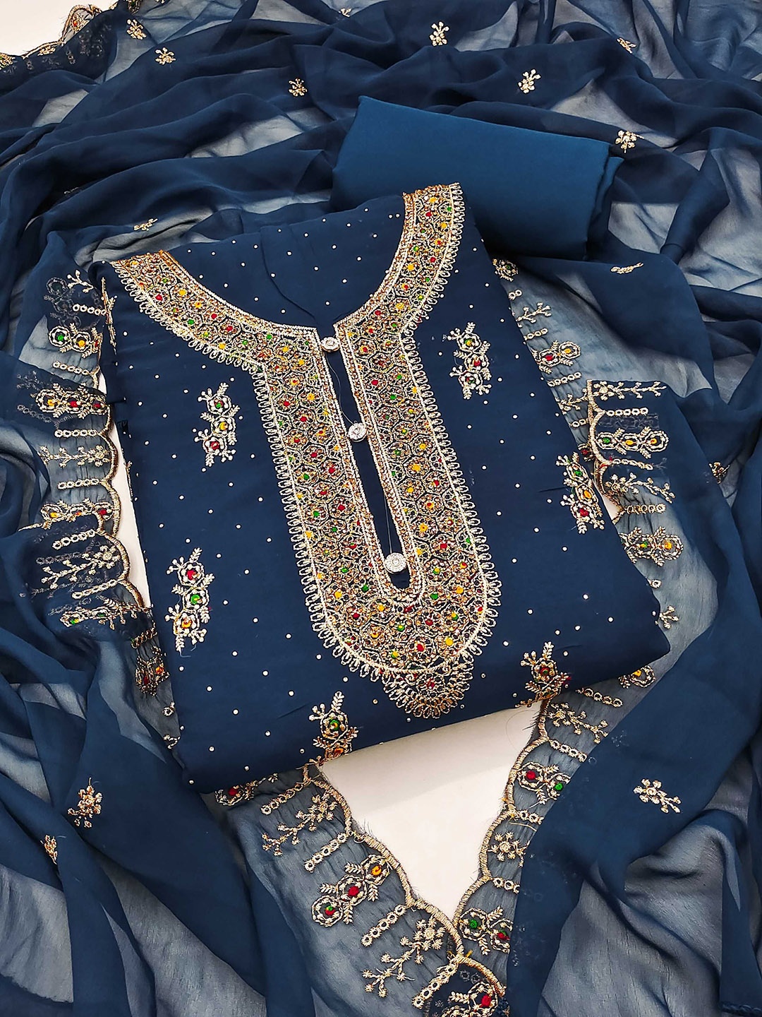 Panzora Floral Embroidered Stone Work Unstitched Dress Material, Teal