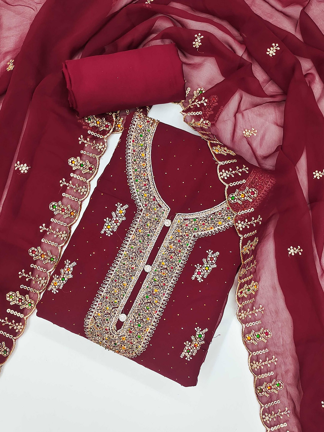 

Panzora Floral Embroidered Stone Work Unstitched Dress Material, Maroon