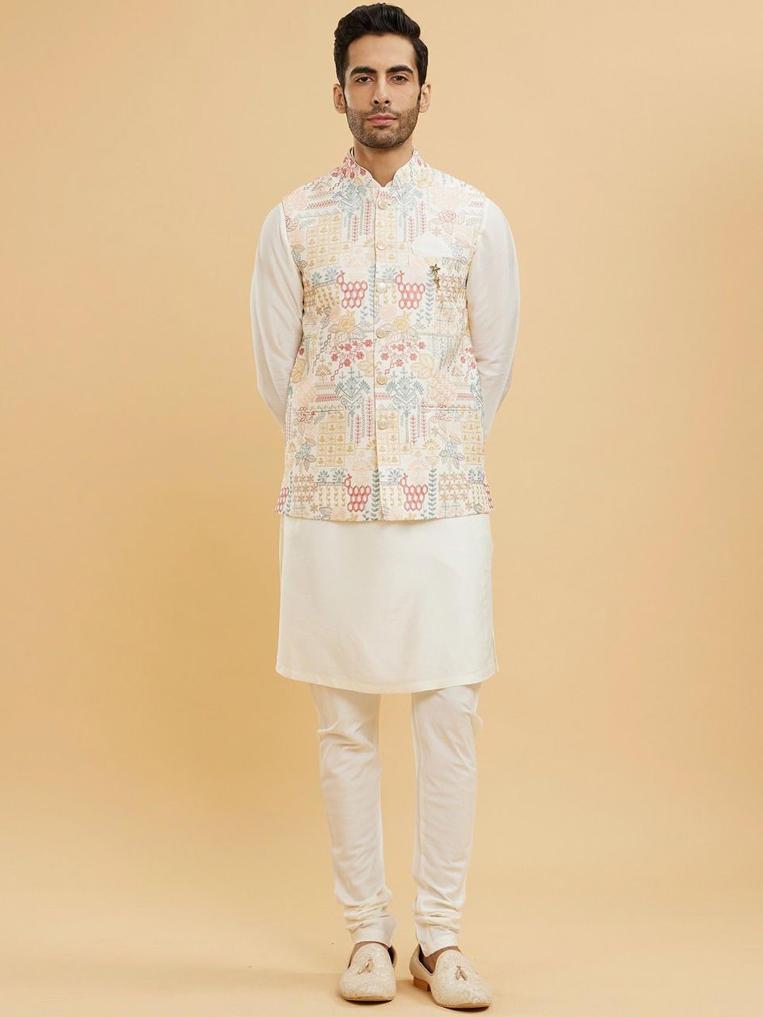 

Twamev Ethnic Motifs Embroidered Mandarin Collar Kurta With Trouser & Nehru Jacket, Cream