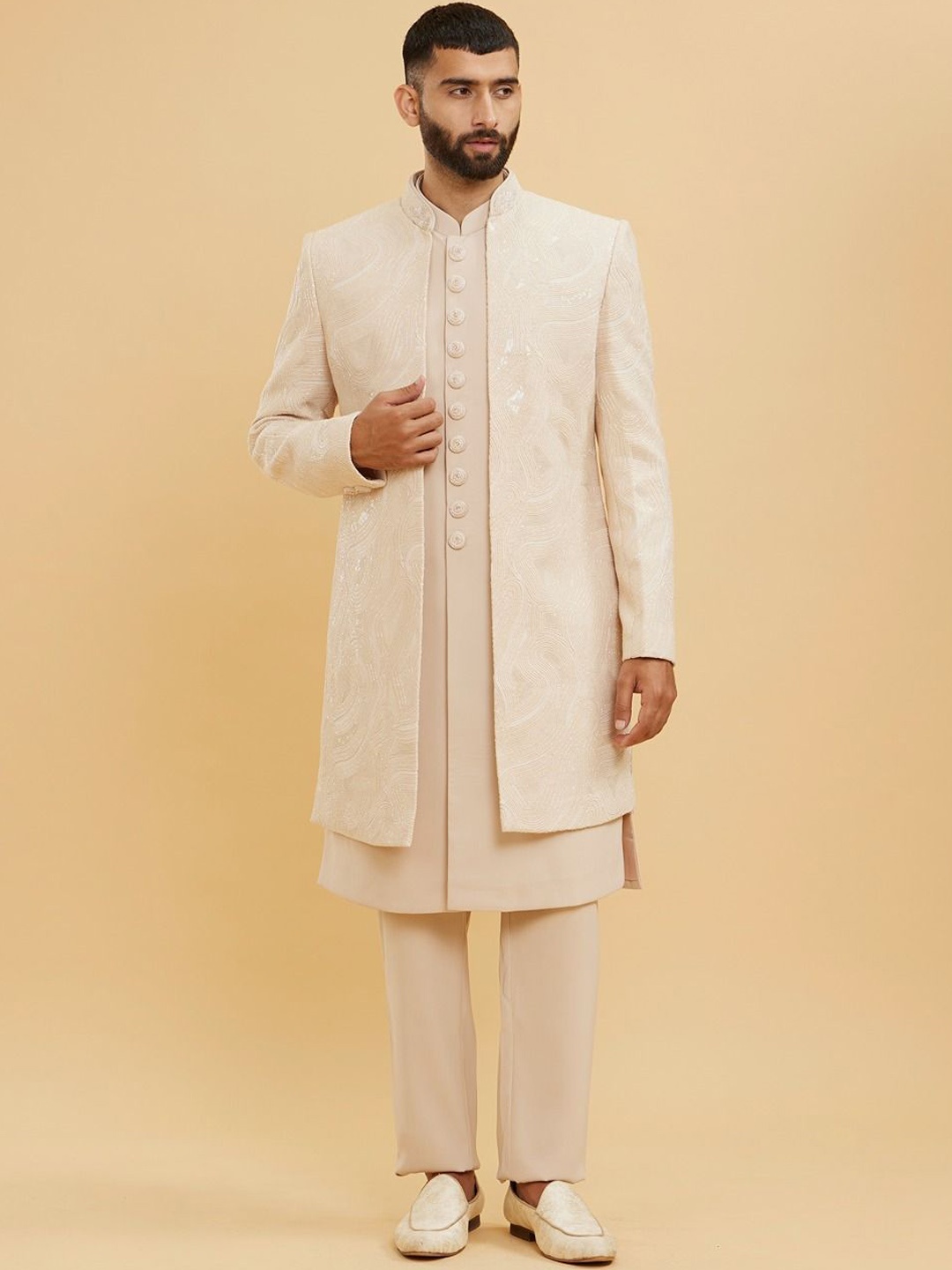 

Twamev Men Embroidery Thread Work Sherwani Set, Beige