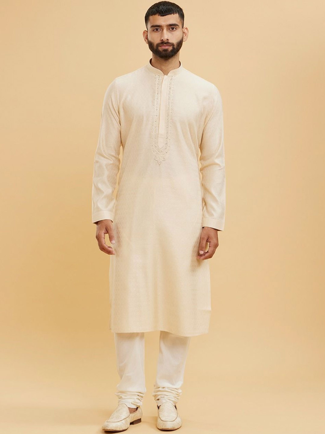 

Twamev Woven Design Thread Work Mandarin Collar Kurta With Churidar, Beige