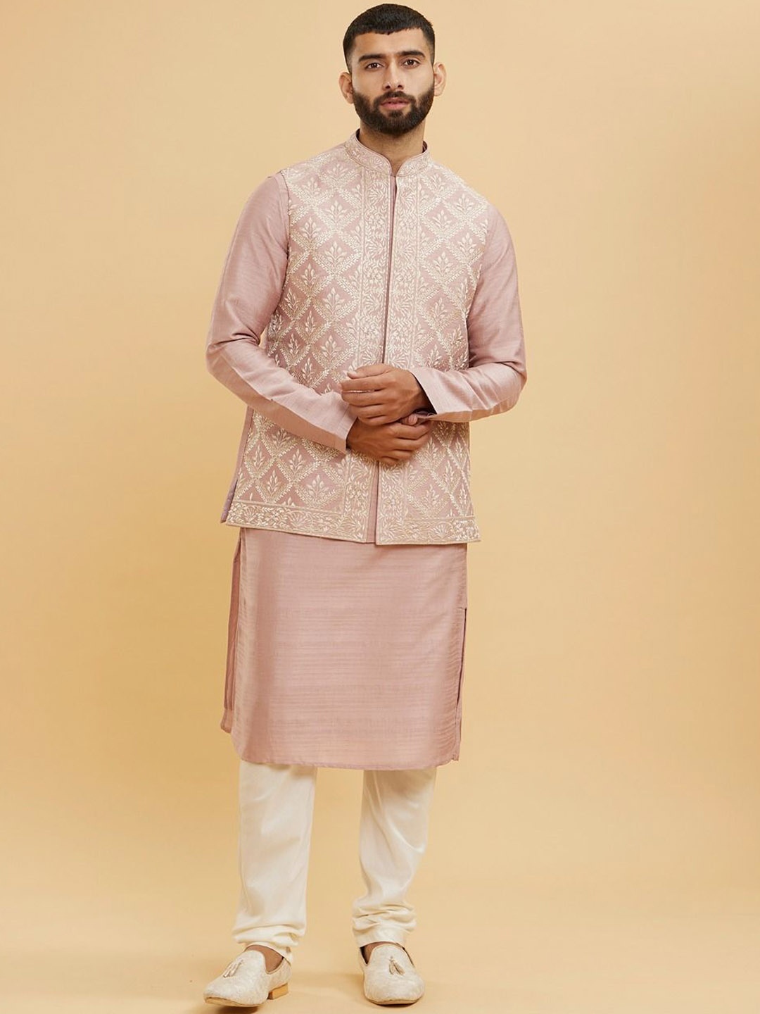 

Twamev Men Regular Thread Work Kurta with Churidar And Jacket, Pink