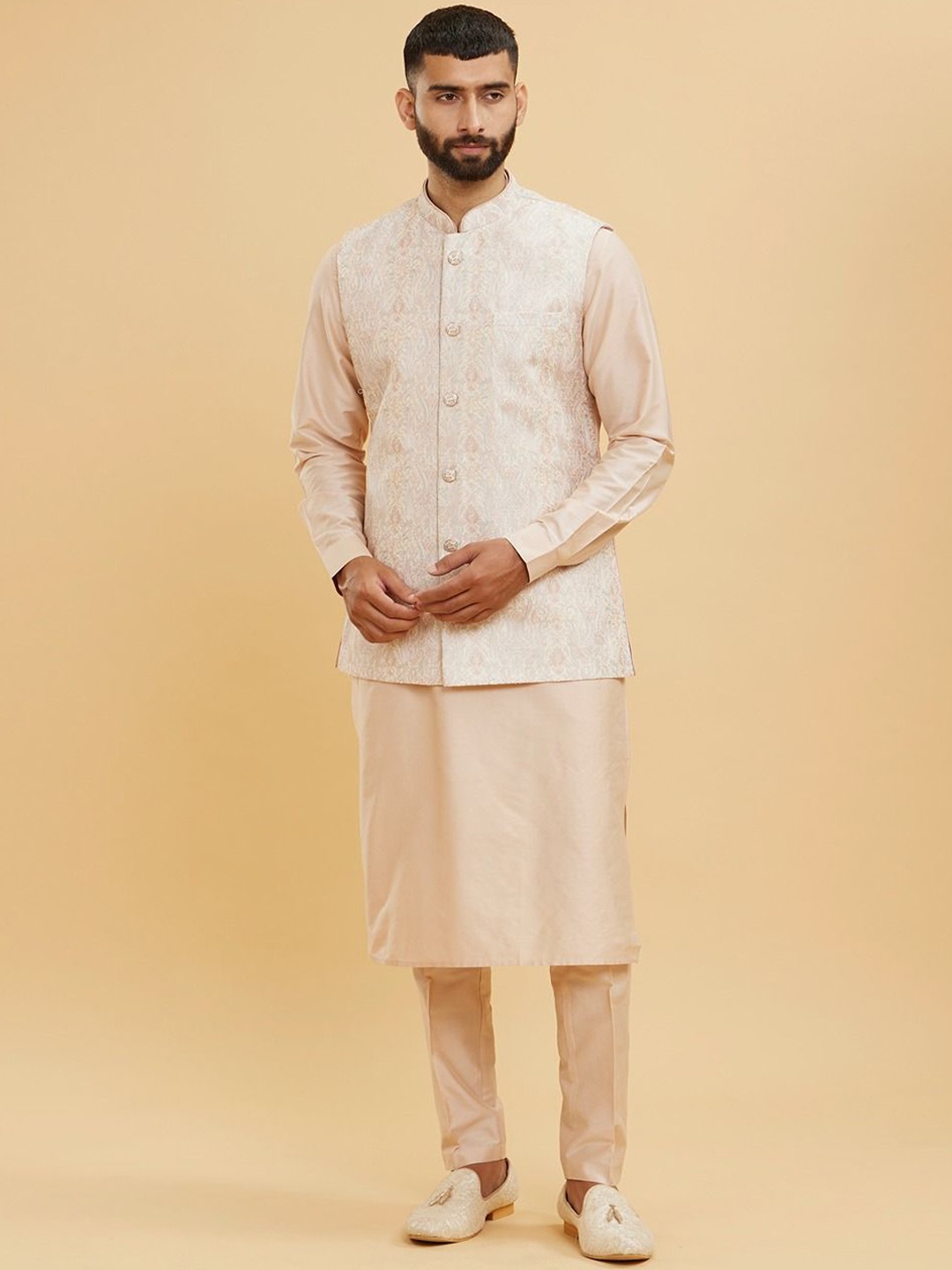 

Twamev Paisley Mandarin Collar Staright Kurta With Churidar & Embroidered Jacket, Peach