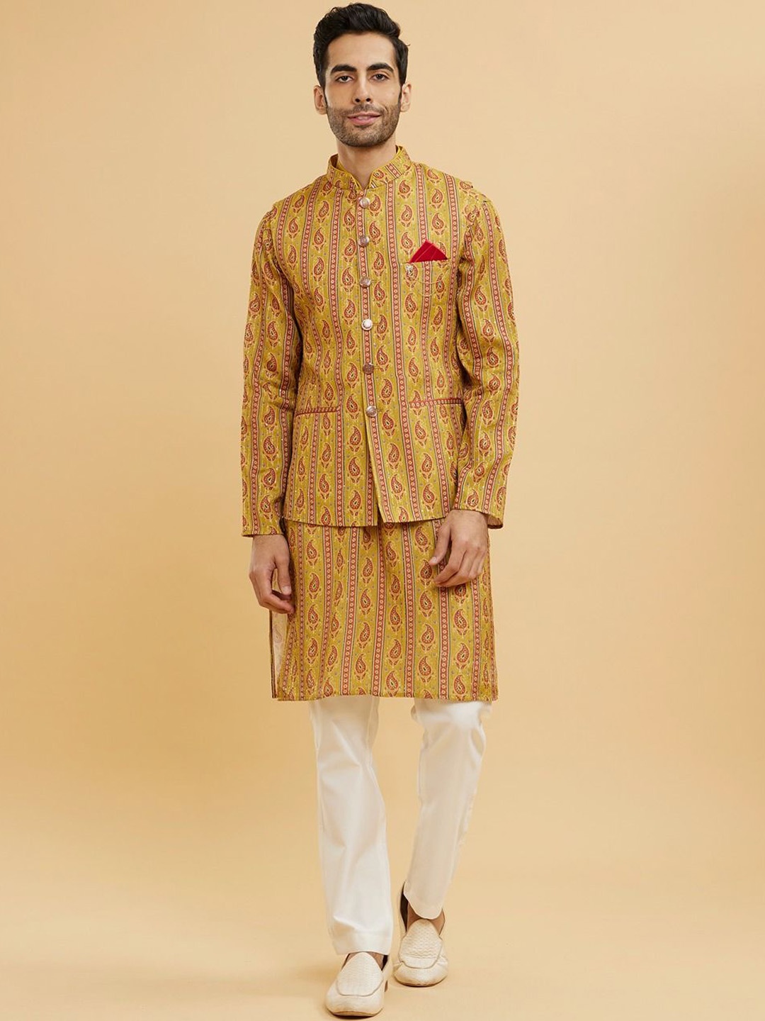 

Twamev Men Ethnic Motifs Embroidered Regular Thread Work Kurta with Trousers And Jacket, Yellow