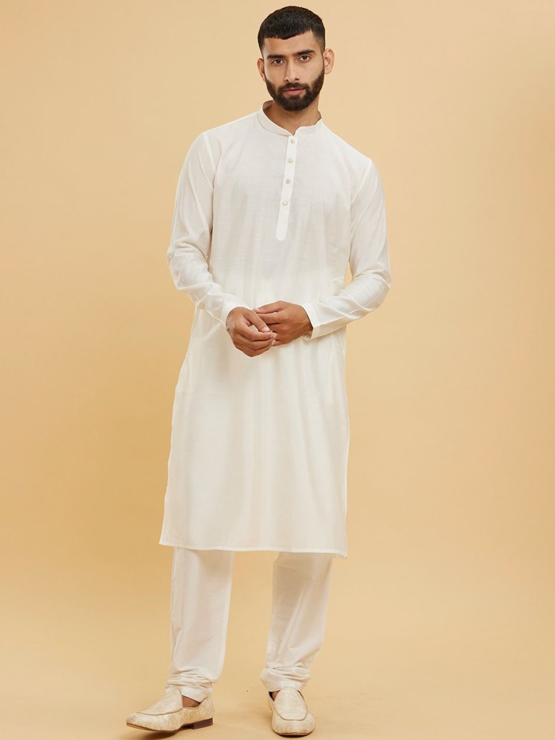 

Twamev Mandarin Collar Kurta With Churidar And Nehru Jacket, Cream