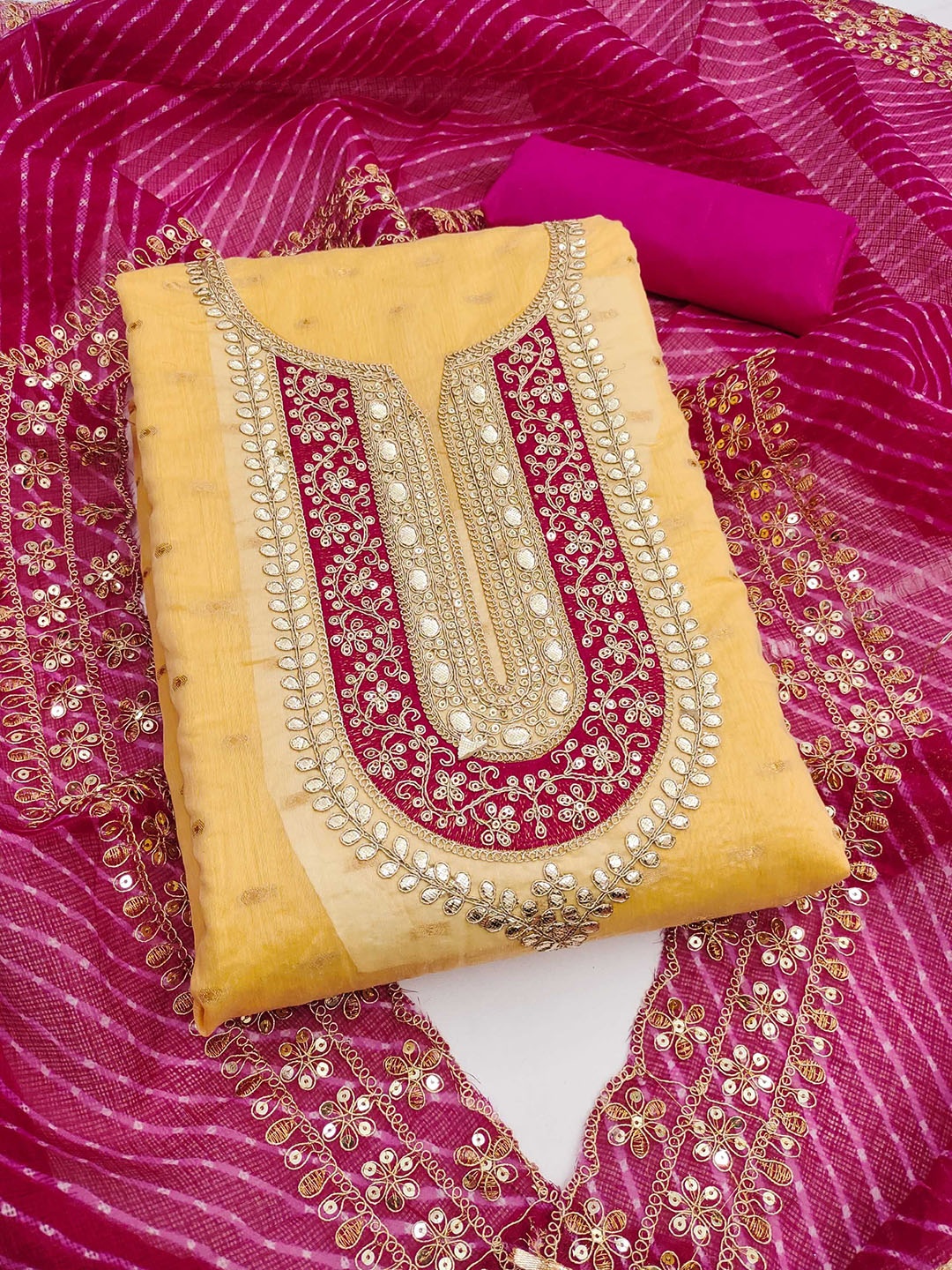 

Panzora Floral Embroidered Sequinned Chanderi Silk Unstitched Dress Material, Cream
