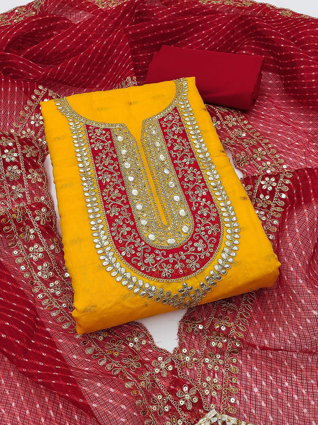 

Panzora Floral Embroidered Sequinned Chanderi Silk Unstitched Dress Material, Yellow