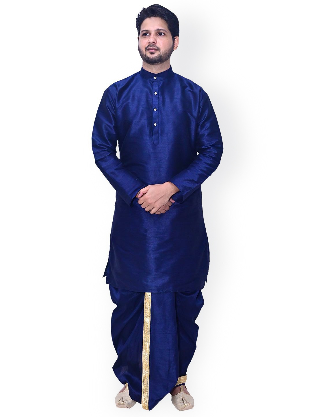 

Om Shubh Mangalam Band Collar Straight Kurta With Dhoti Pants, Navy blue