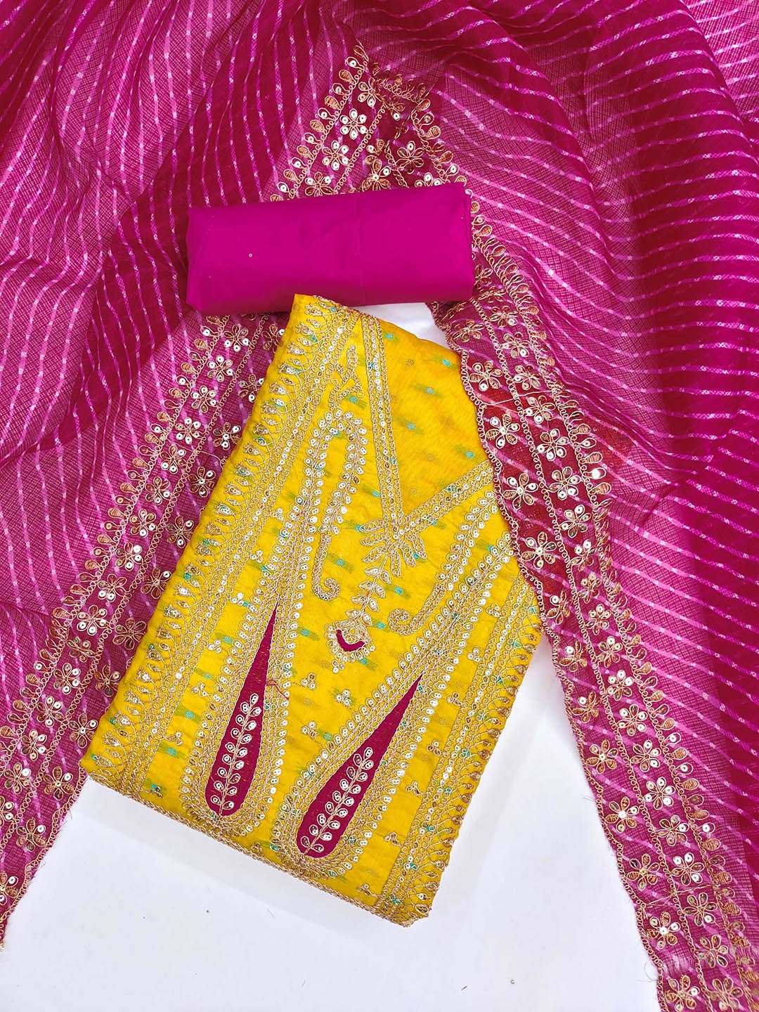 

Panzora Paisley Embroidered Sequinned Chanderi Silk Unstitched Dress Material, Yellow