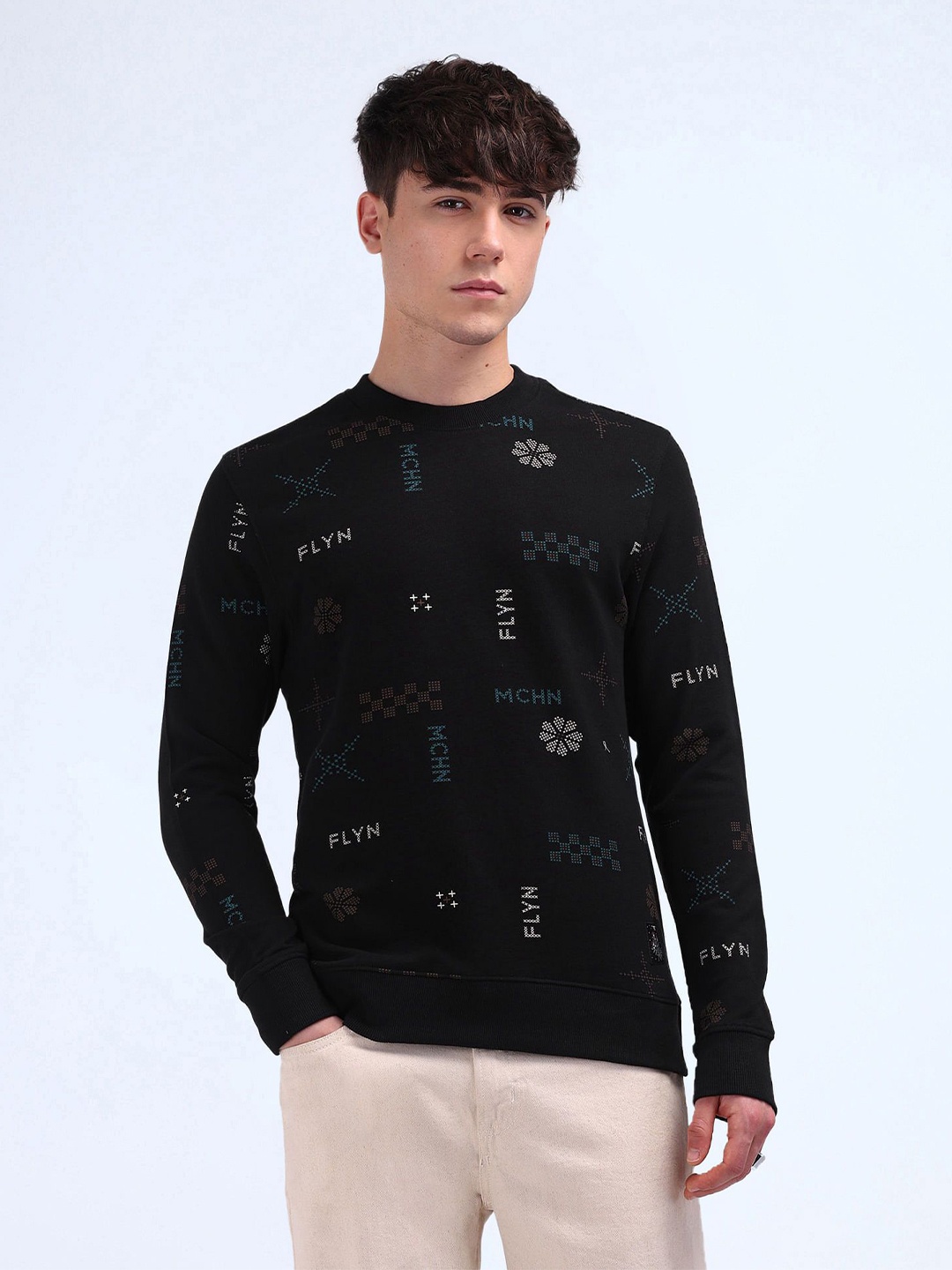 

Flying Machine Men Printed Pure Cotton Sweatshirt, Black