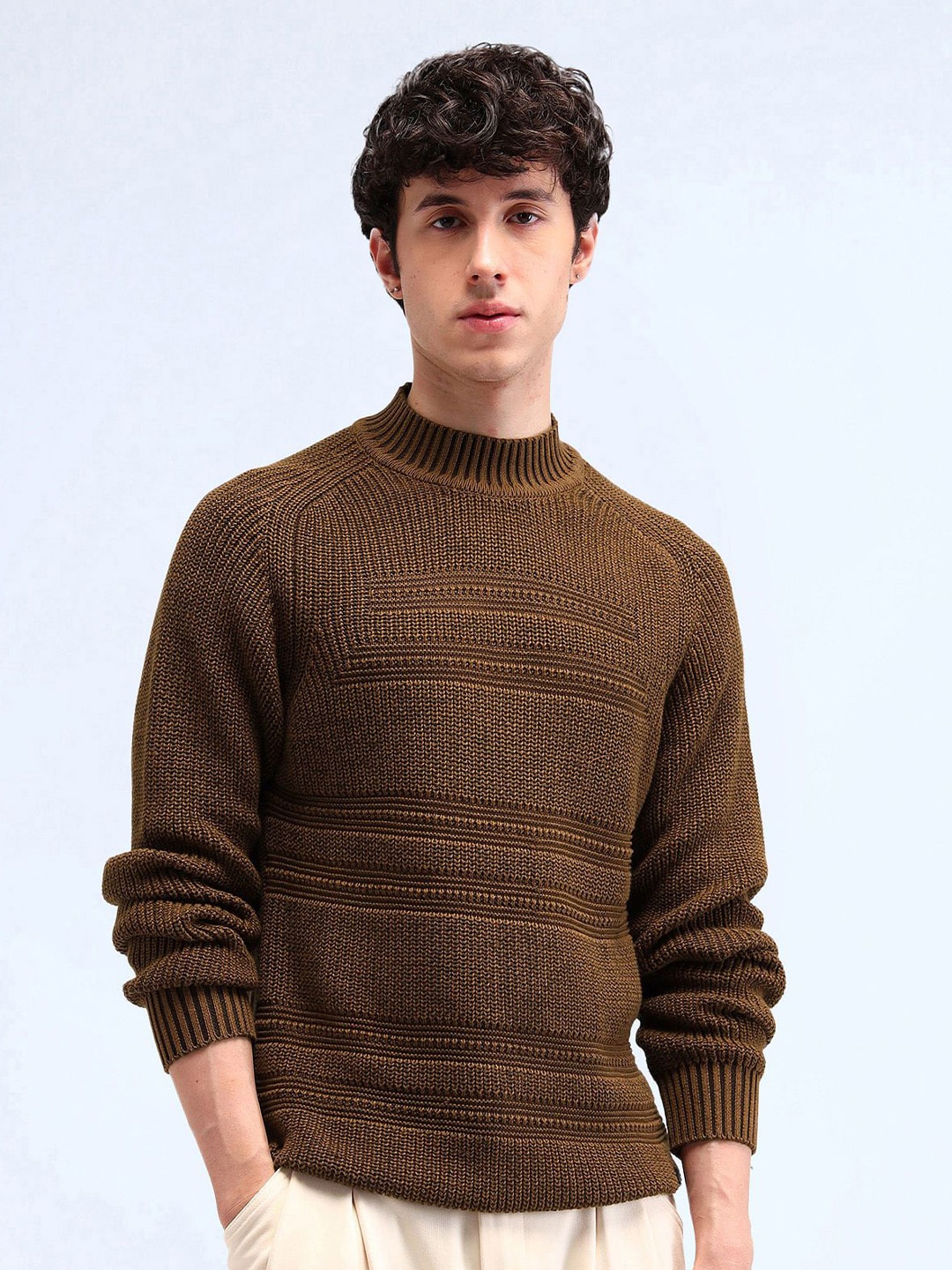 

Flying Machine Men Self Design Pure Cotton Cable Knit Pullover Sweater, Brown