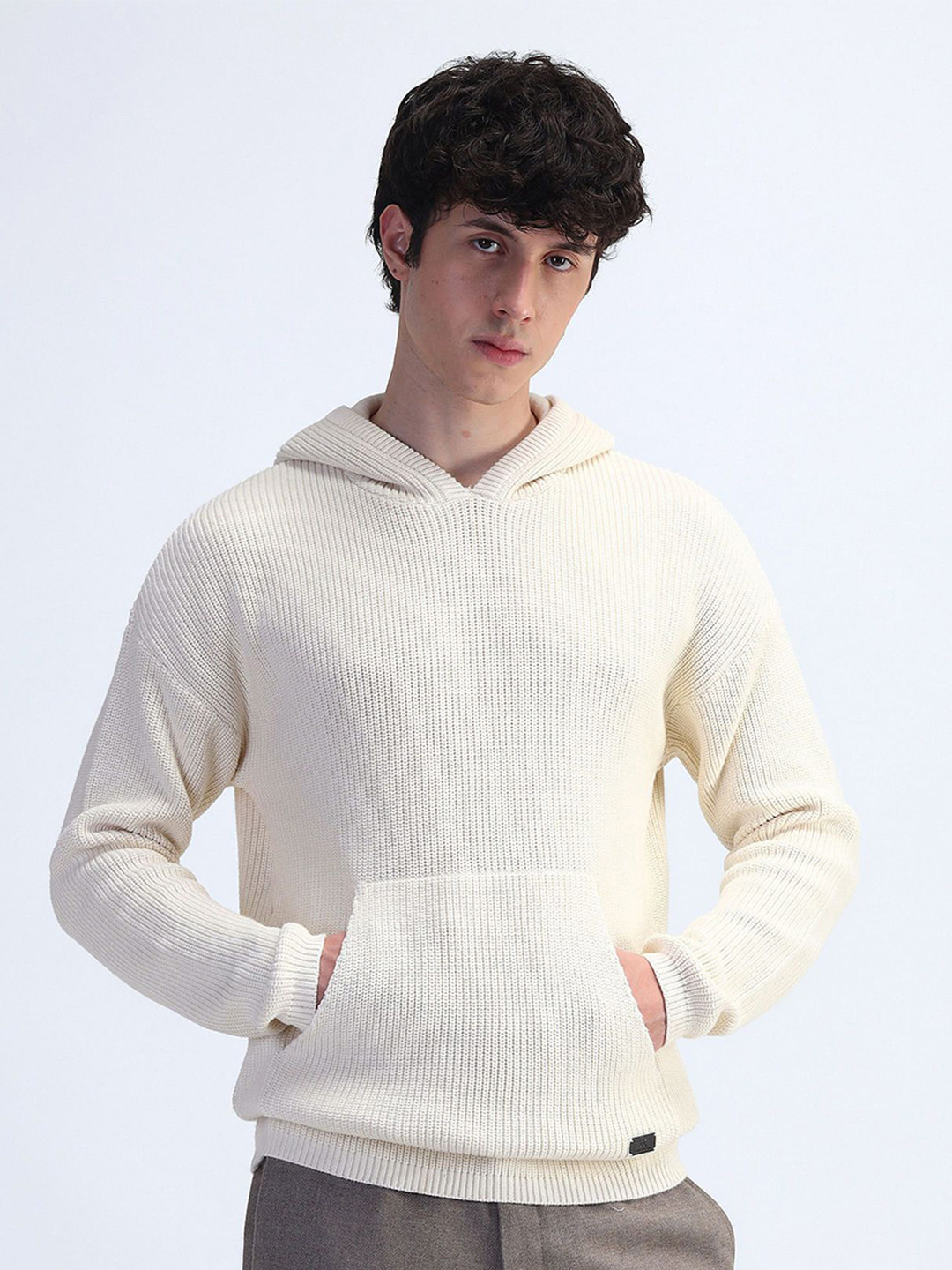 

Flying Machine Men Pure Cotton Ribbed Hooded Pullover, White