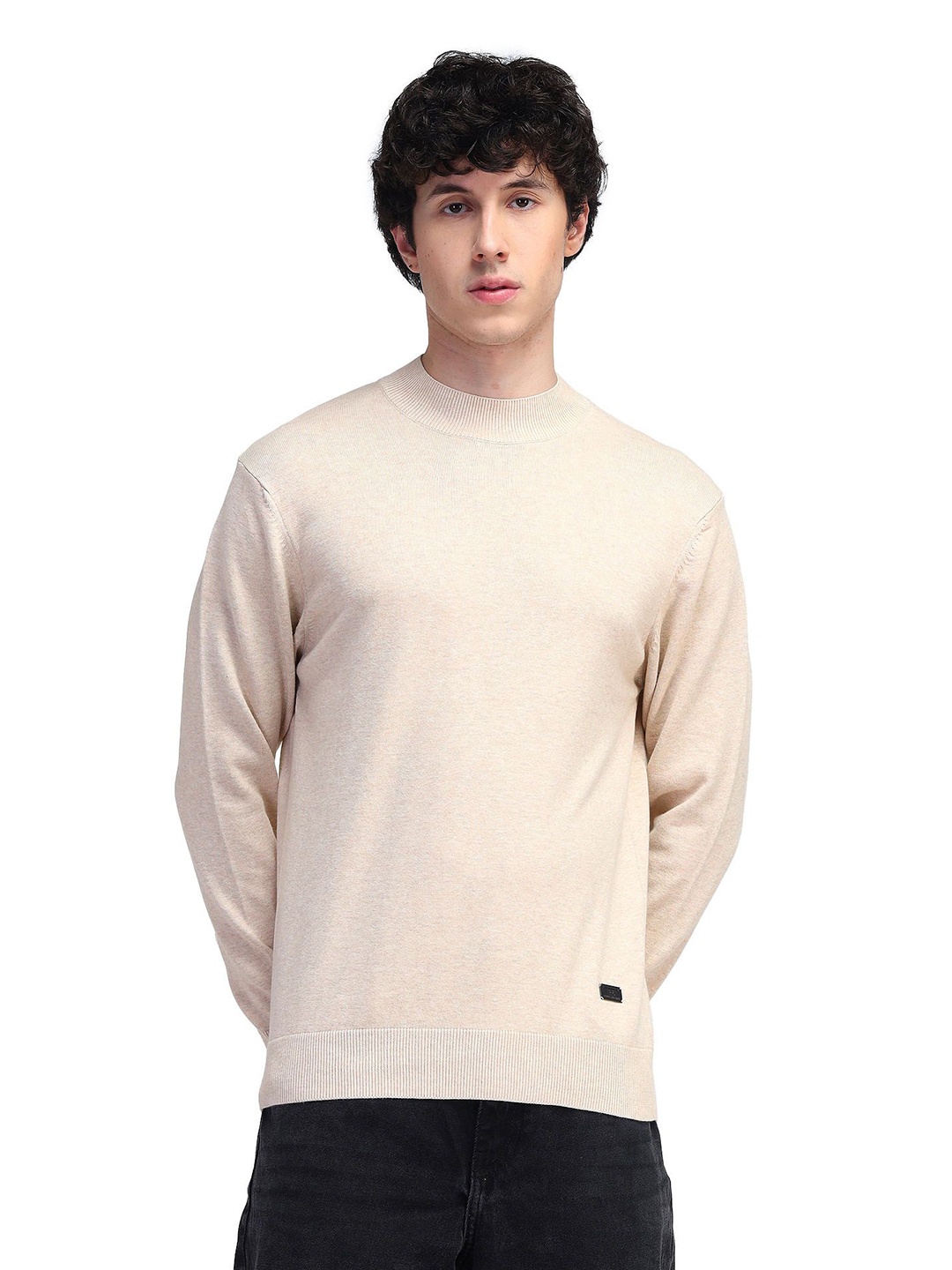 

Flying Machine Men Pure Cotton Round Neck Pullover, Beige