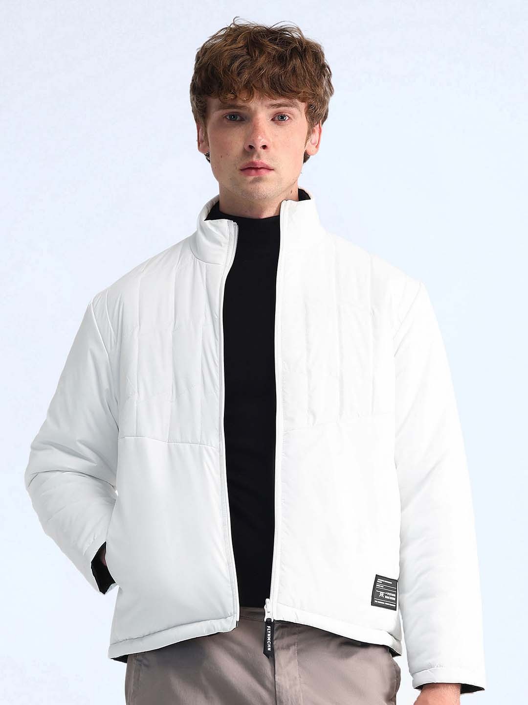

Flying Machine Men Mock Collar Solid Casual Quilted Jacket, White