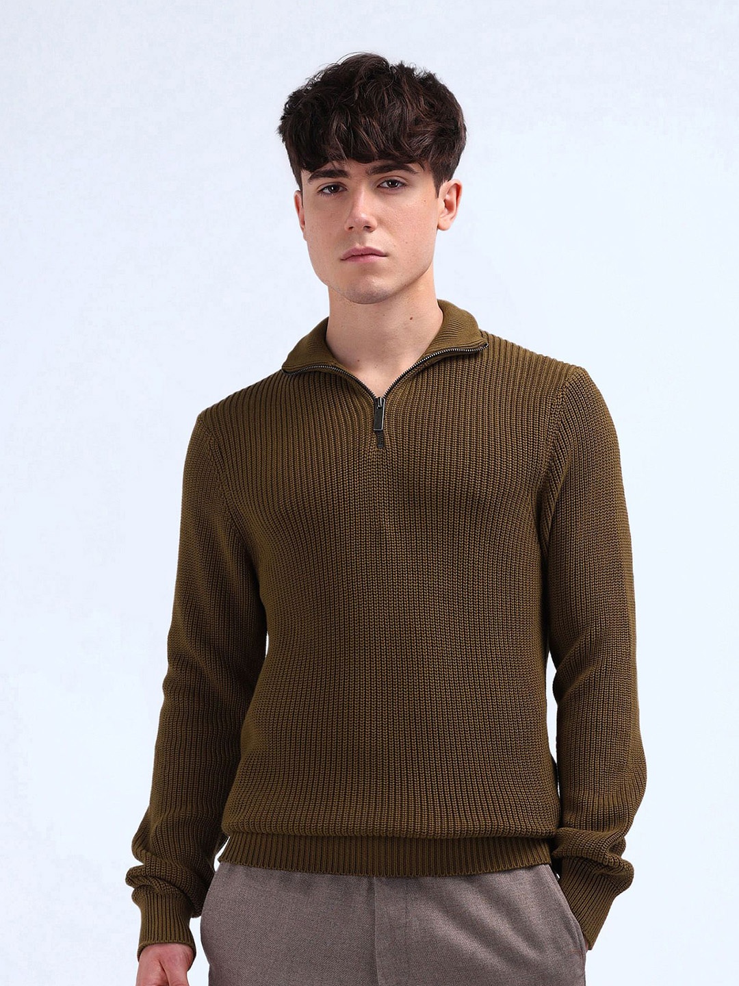 

Flying Machine Men Self Design Pure Cotton Cable Knit Pullover, Brown