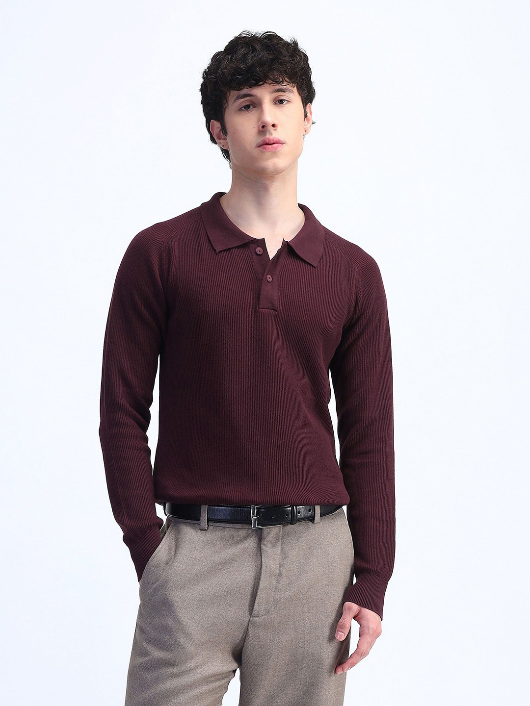 

Flying Machine Men Pure Cotton Cable Knit Pullover, Maroon