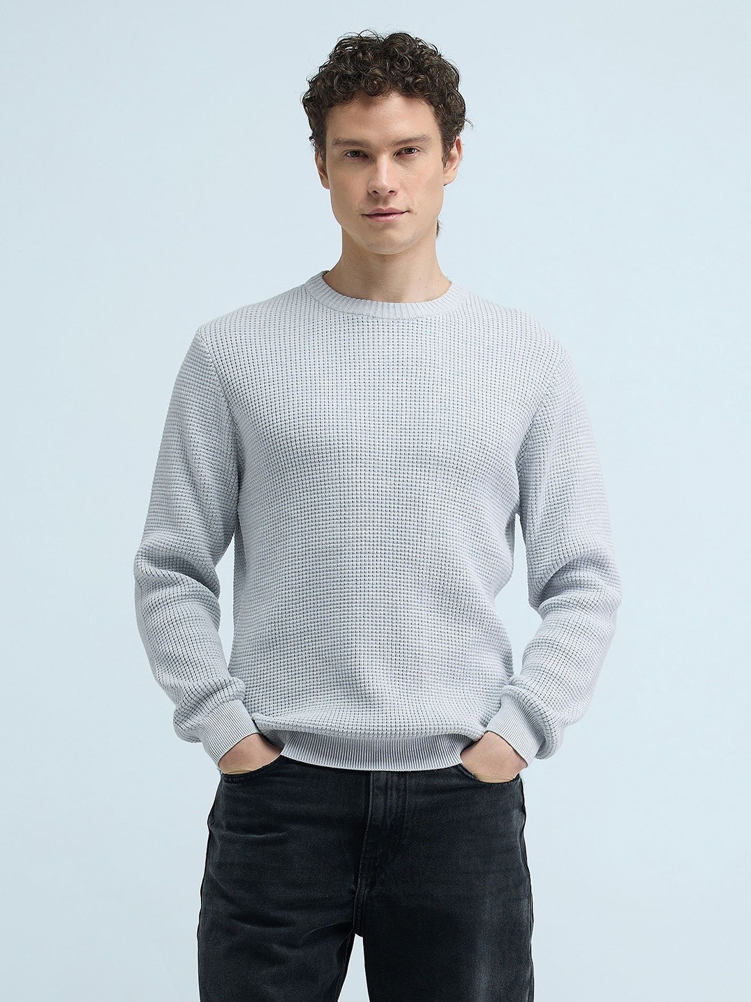 

Flying Machine Men Self Design Pure Cotton Cable Knit Pullover, Grey