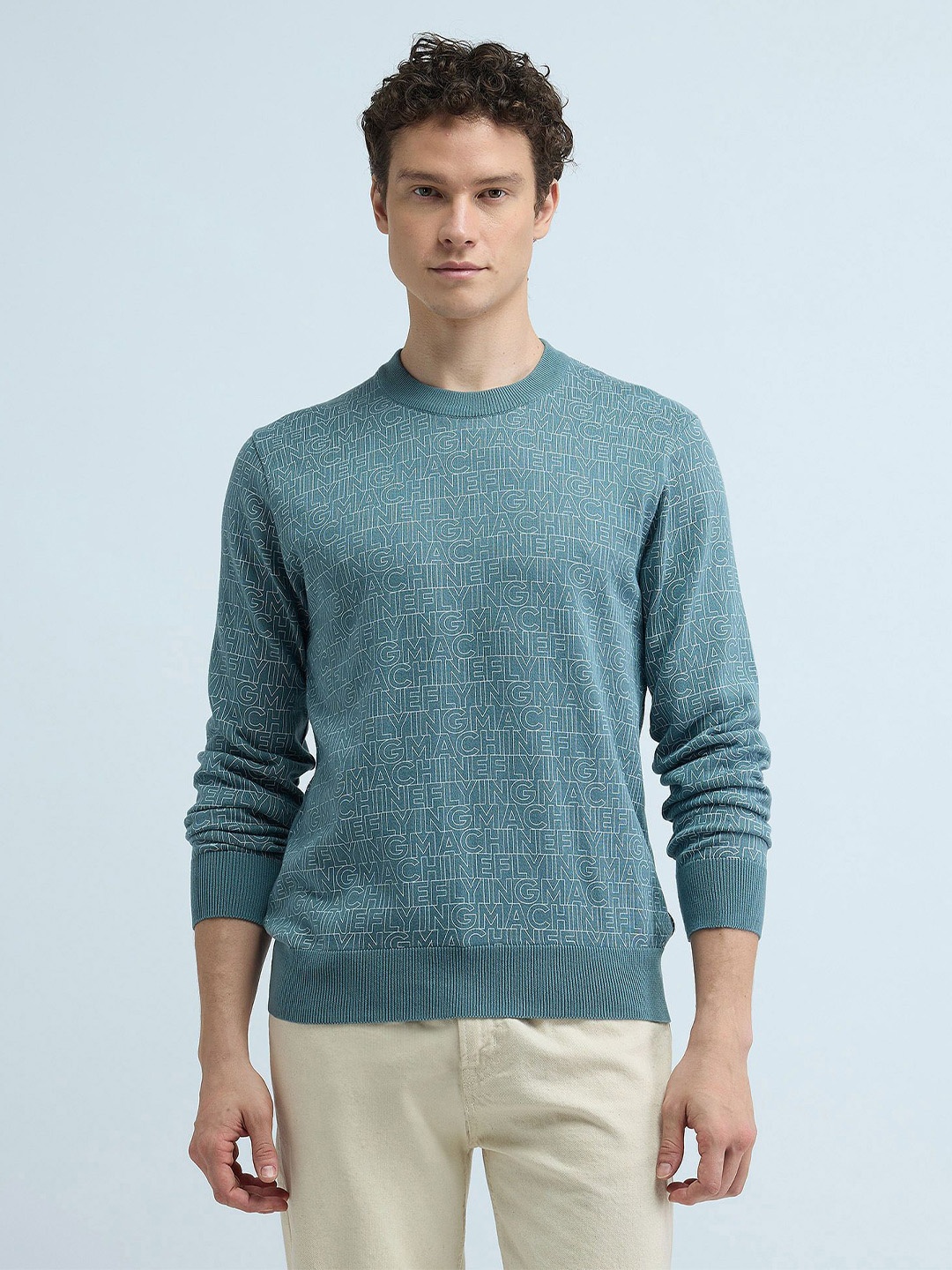 Flying Machine Men Pure Cotton Typography Printed Pullover, Grey