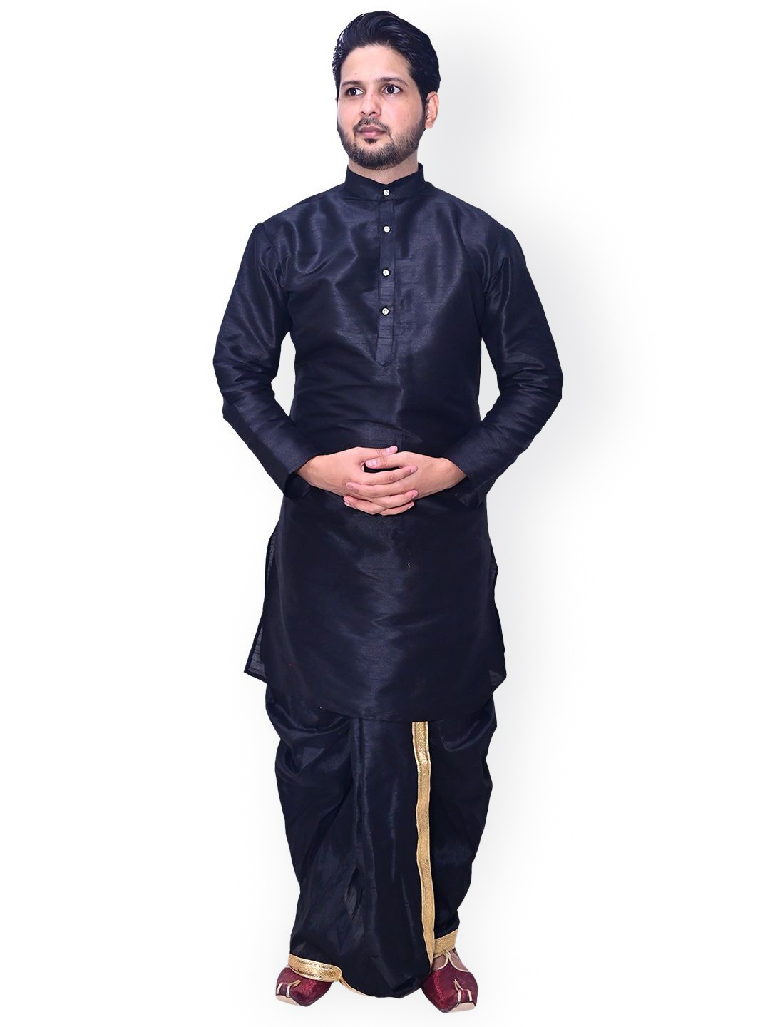 

Om Shubh Mangalam Band Collar Straight Kurta With Dhoti Pants, Black