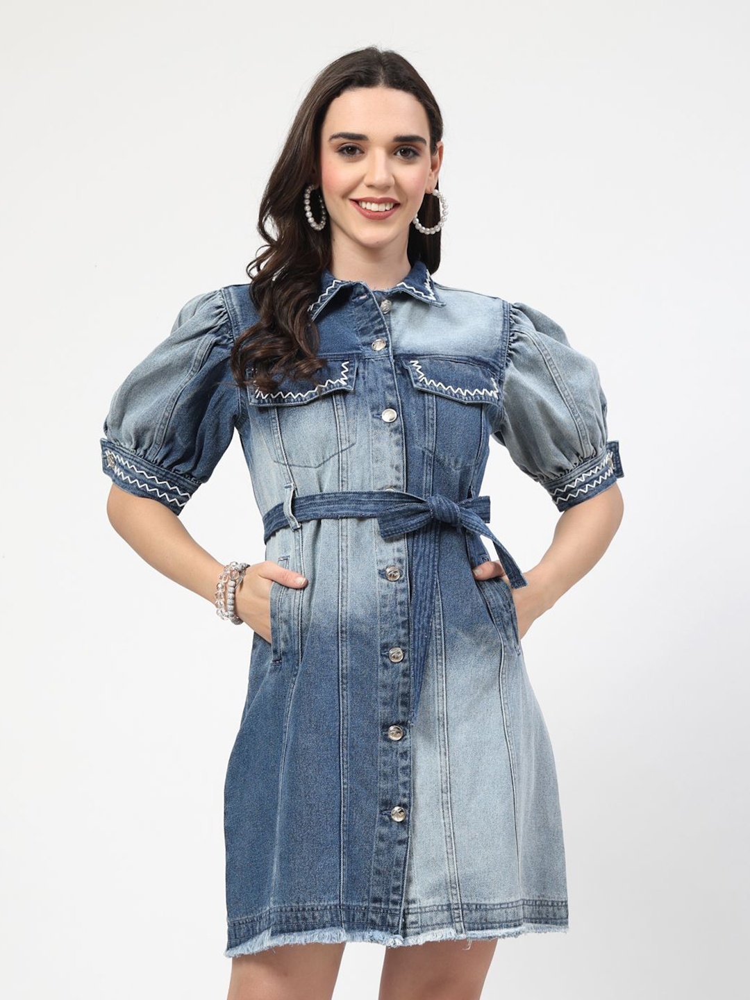 

COSMIC TRIO Women Pure Cotton Denim Shirt Dress, Blue