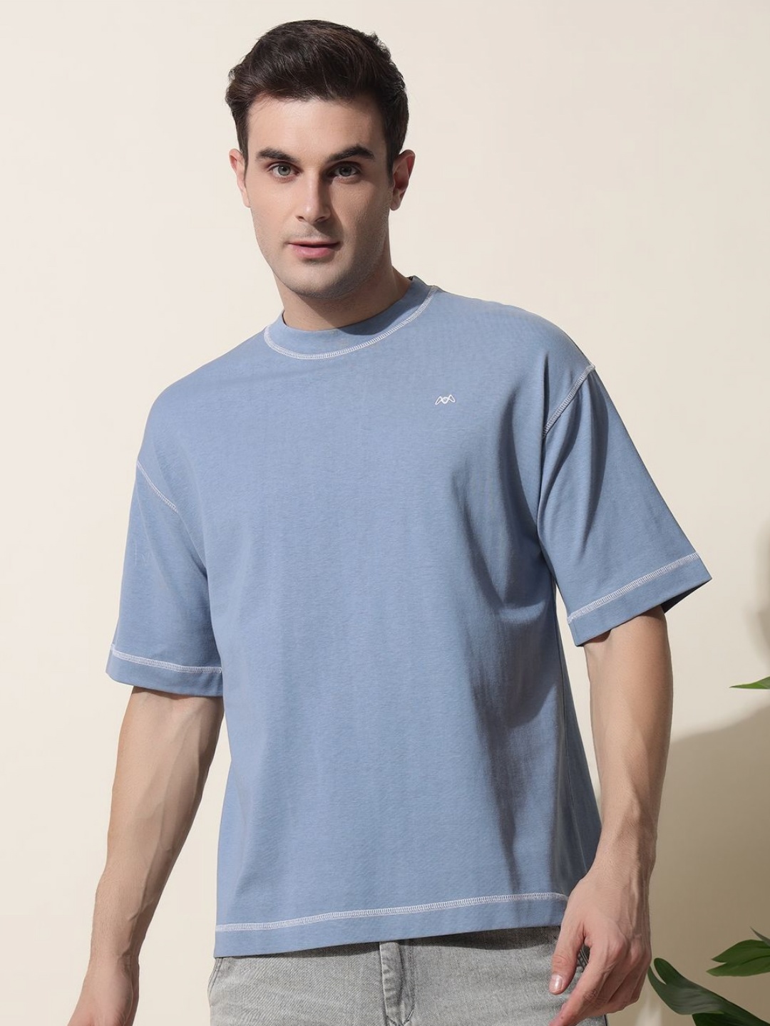 

MUWIN Men Solid Round Neck Cotton Oversized T-shirt, Blue