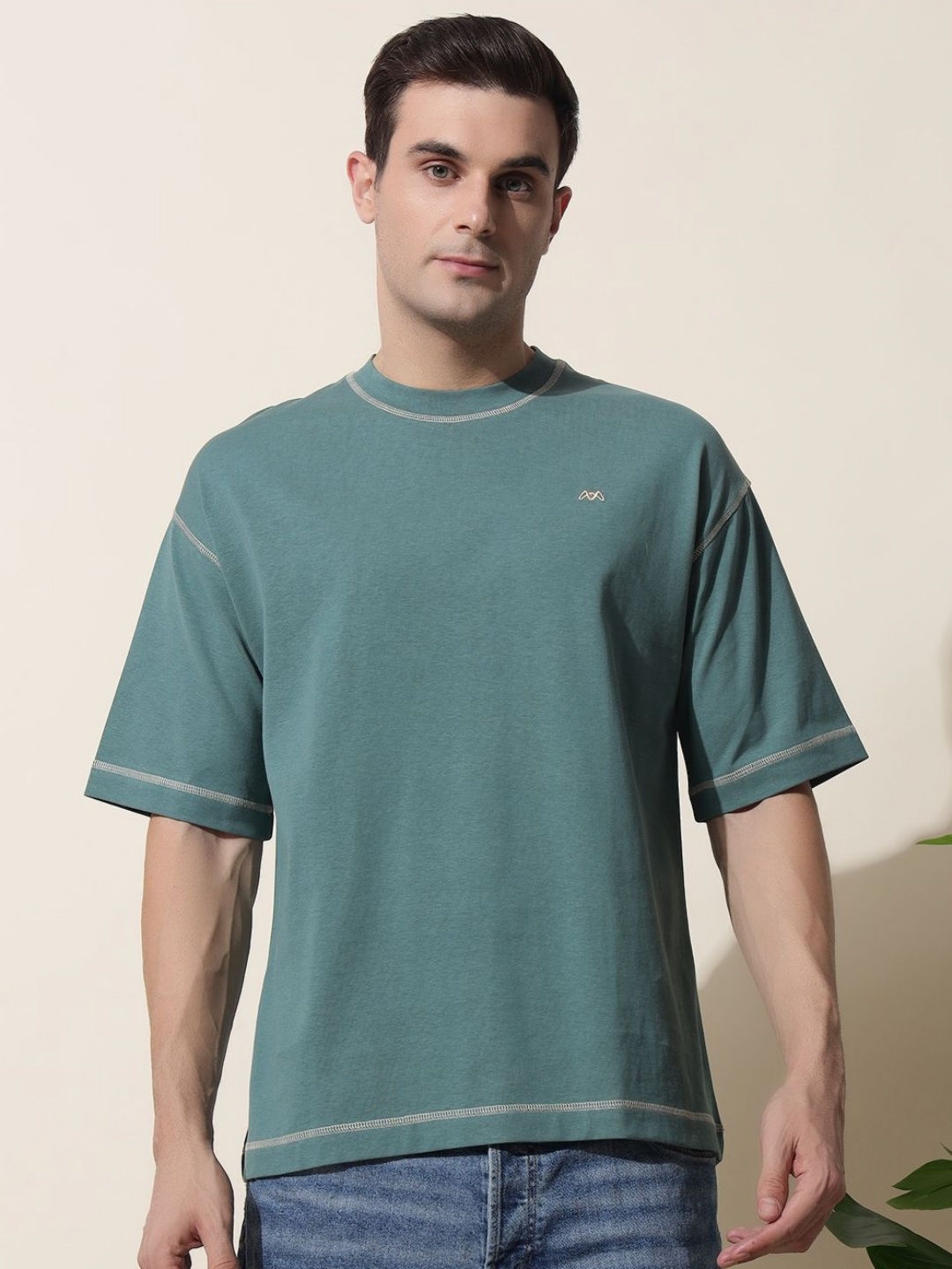 

MUWIN Men Solid Round Neck Cotton Relaxed Fit T-shirt, Green