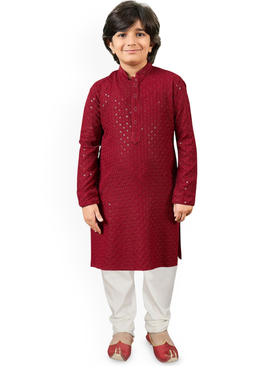 

SG YUVRAJ Boys Sequinned Mandarin Collar Straight Kurta with Pyjama, Maroon