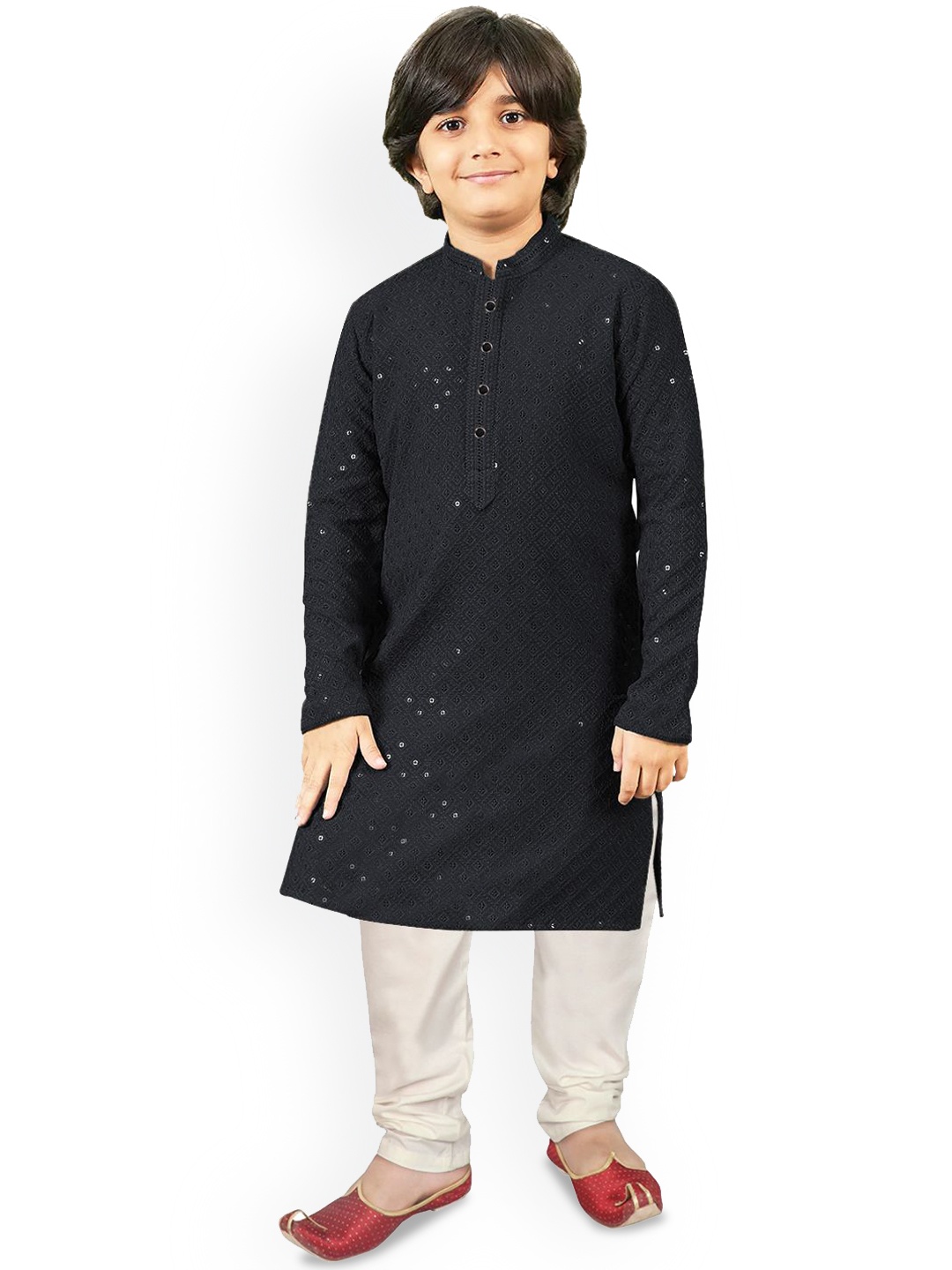 

SG YUVRAJ Boys Sequinned Mandarin Collar Straight Kurta with Pyjama, Black