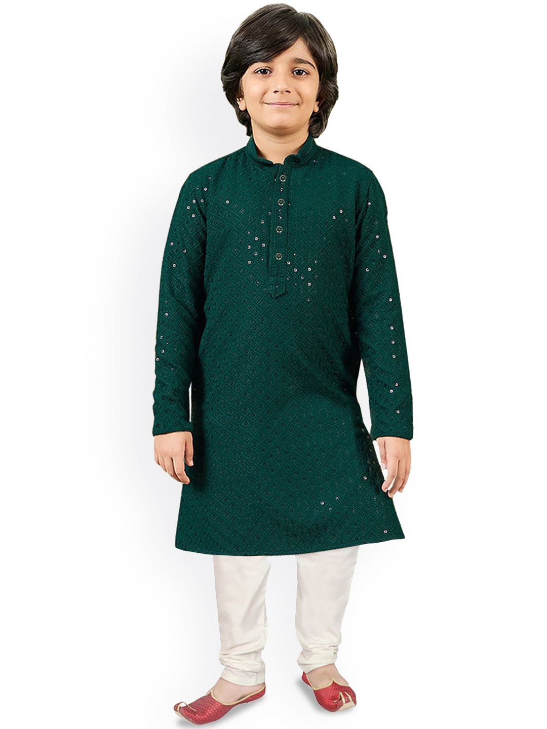 

SG YUVRAJ Boys Sequinned Mandarin Collar Straight Kurta with Pyjama, Green