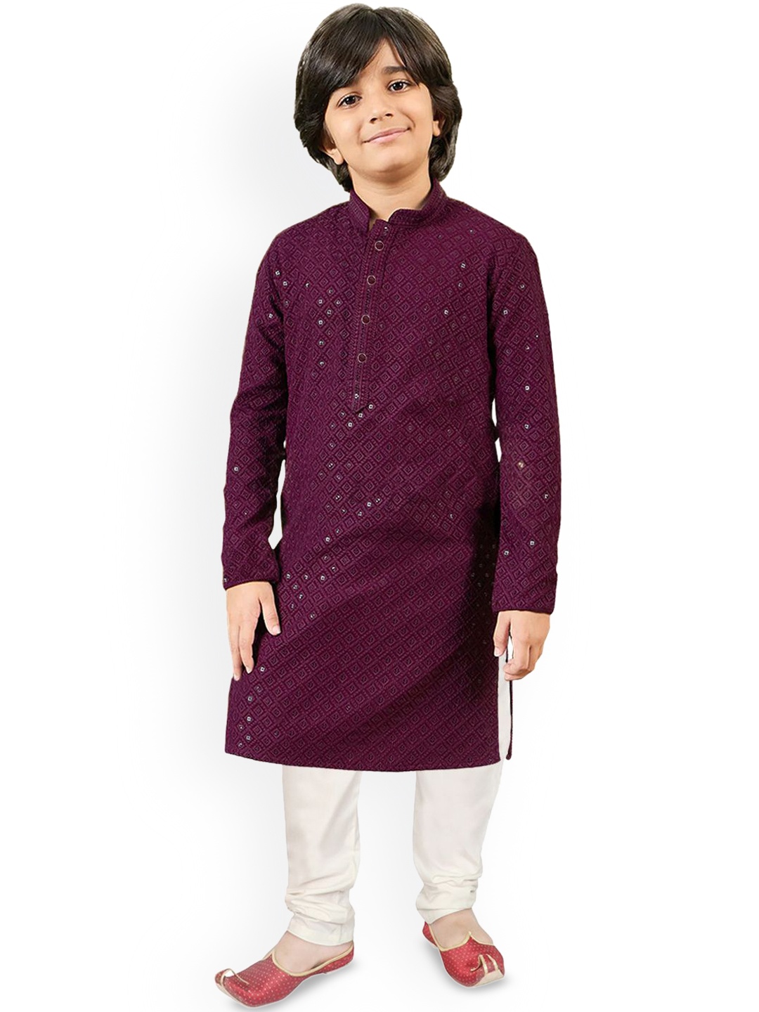 

SG YUVRAJ Boys Sequinned Mandarin Collar Straight Kurta with Pyjama, Purple