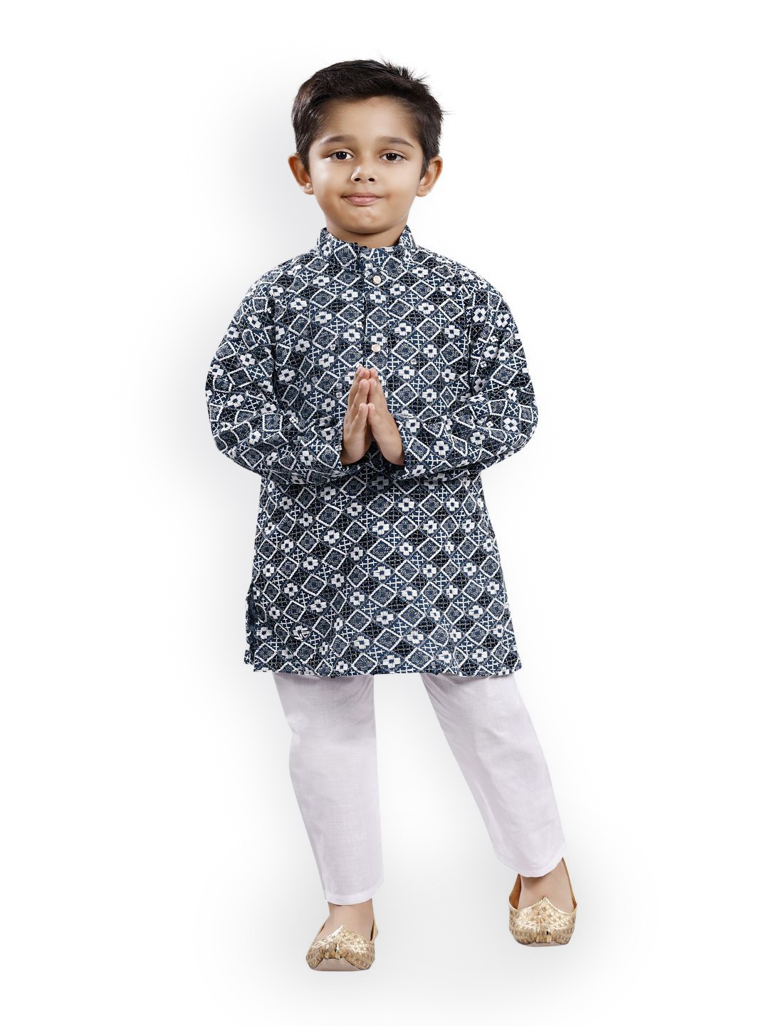 

BAESD Boys Geometric Printed Mandarin Collar Straight Kurta with Pyjamas, Turquoise blue