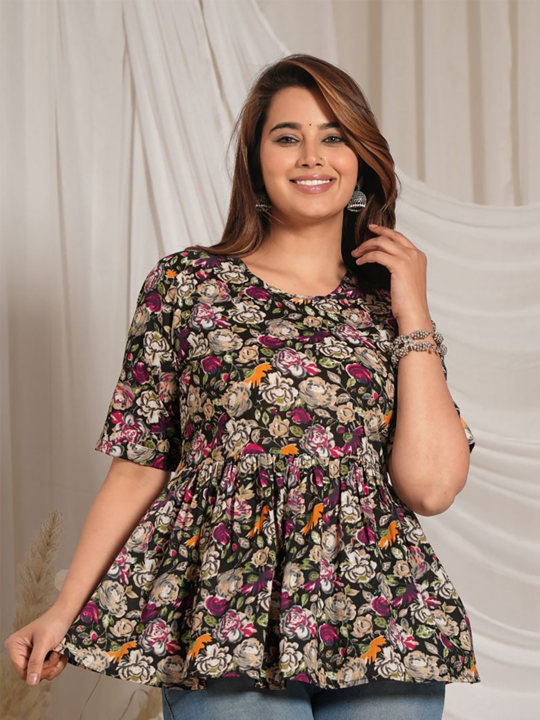 

Mehsoos Women Floral Print Cotton Peplum Top, Black