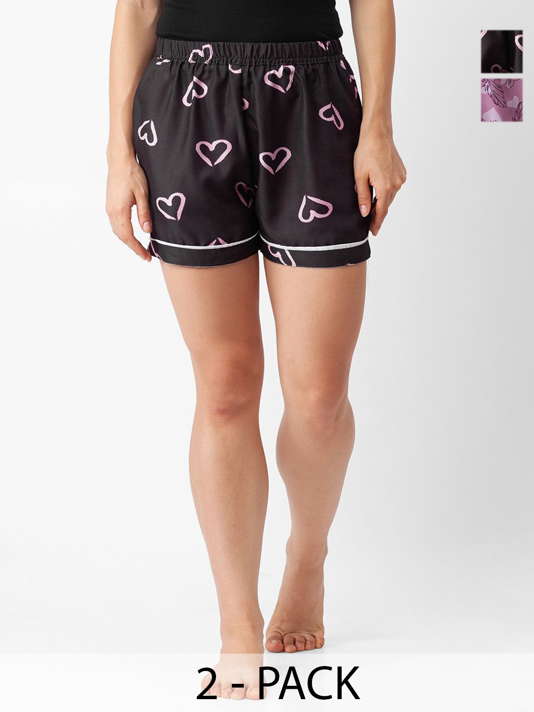 

NOIRA Women Pack Of 2 Printed Lounge Shorts, Black