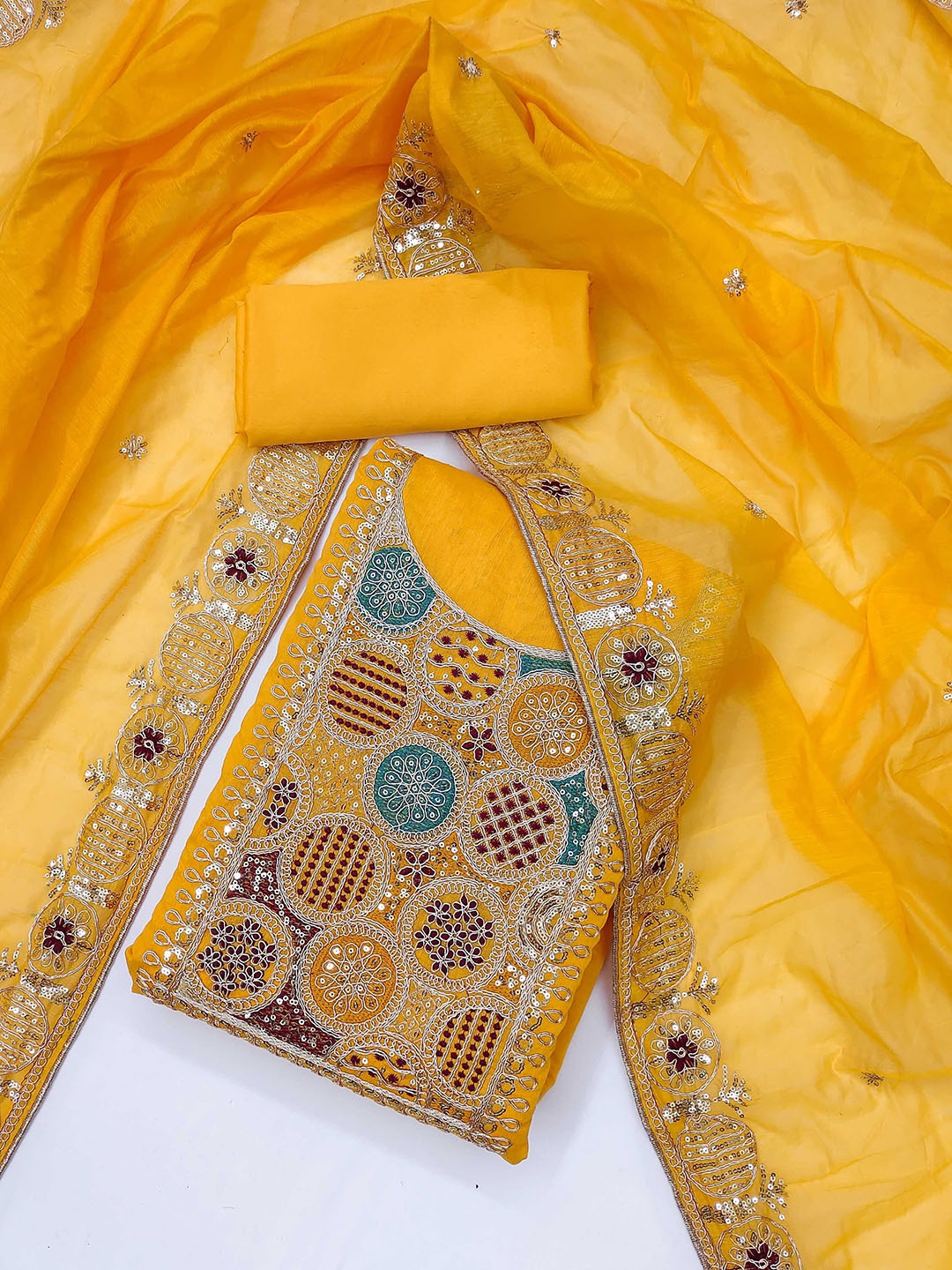 

Panzora Floral Embroidered Sequinned Chanderi Silk Unstitched Dress Material, Yellow