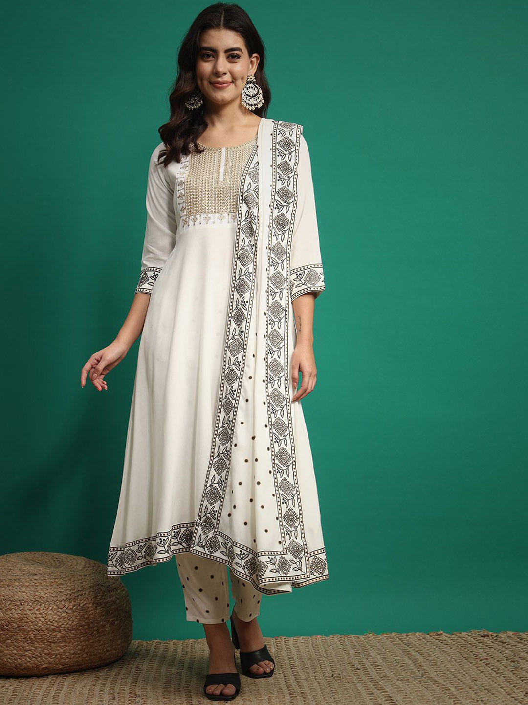 

V.S.Creation Ethnic Motifs Printed Mirror Work A-line Kurta with Trousers And Dupatta, White