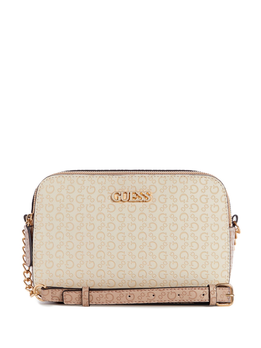 GUESS Brand Logo Textured Structured Sling Bag, Beige