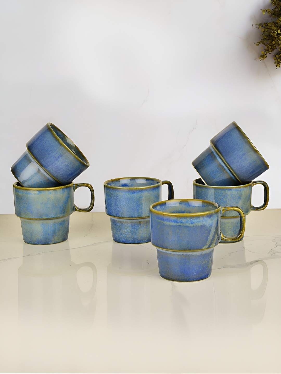 

StyleMyWay Teal & Gold-Toned 6 Pieces Textured Ceramic Glossy Mugs-200 ML