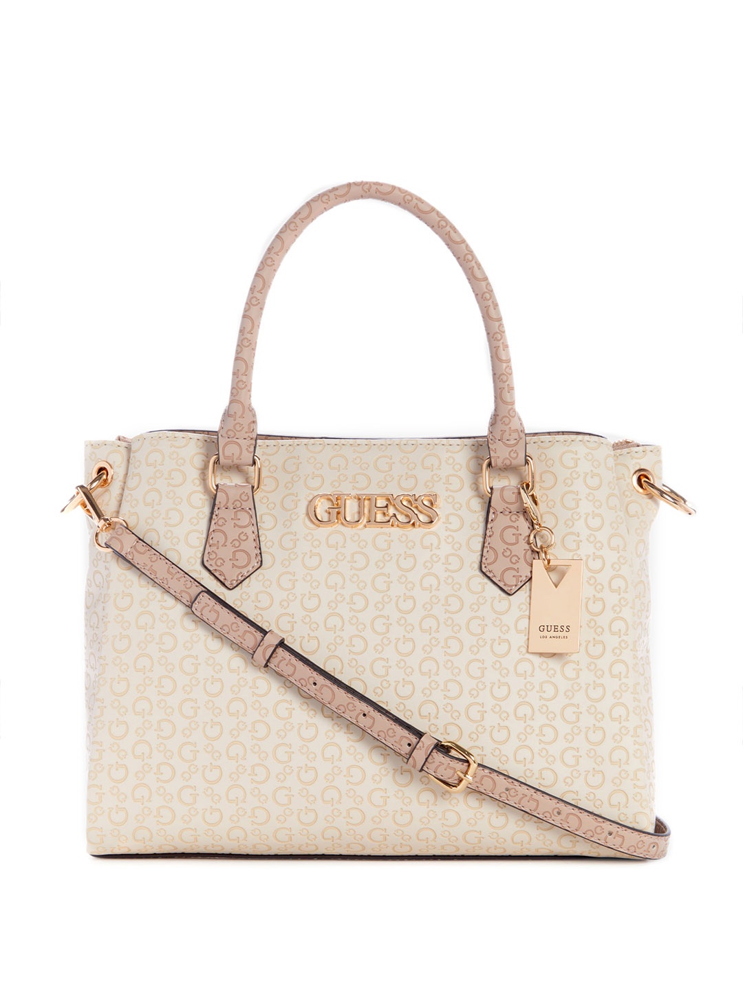 GUESS Brand Logo Textured Structured Handheld Bag, Beige