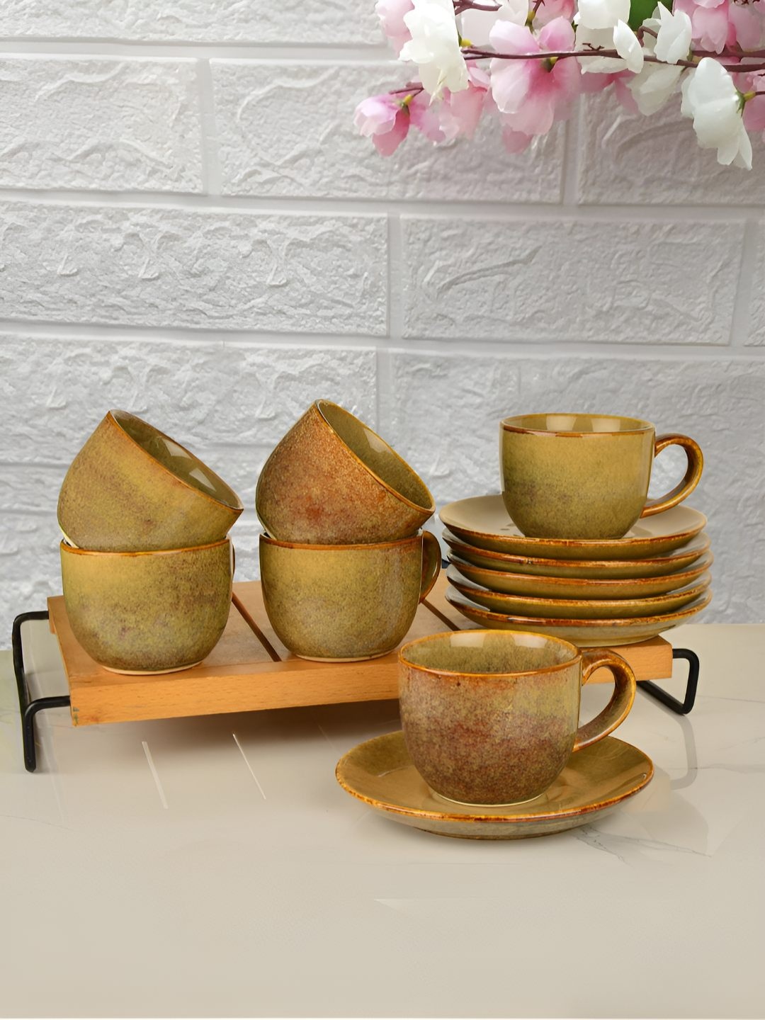 

StyleMyWay Brown & Mustard 12 Pieces Printed Ceramic Glossy Tea Set