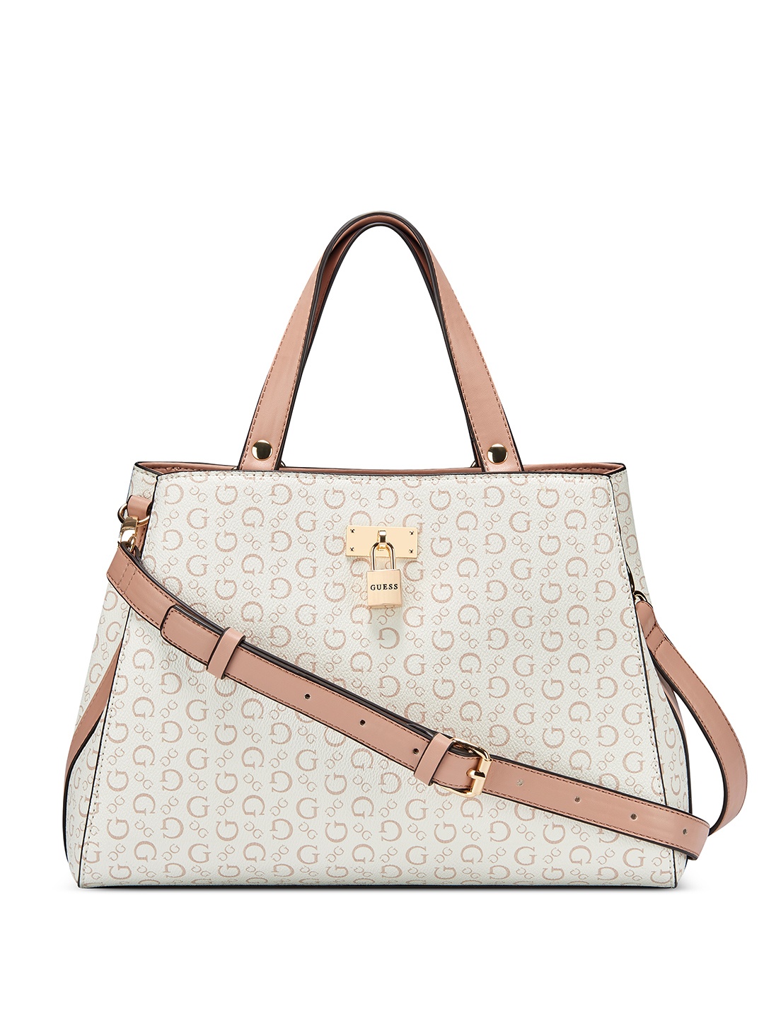

GUESS Brand Logo Printed Structured Handheld Bag, White
