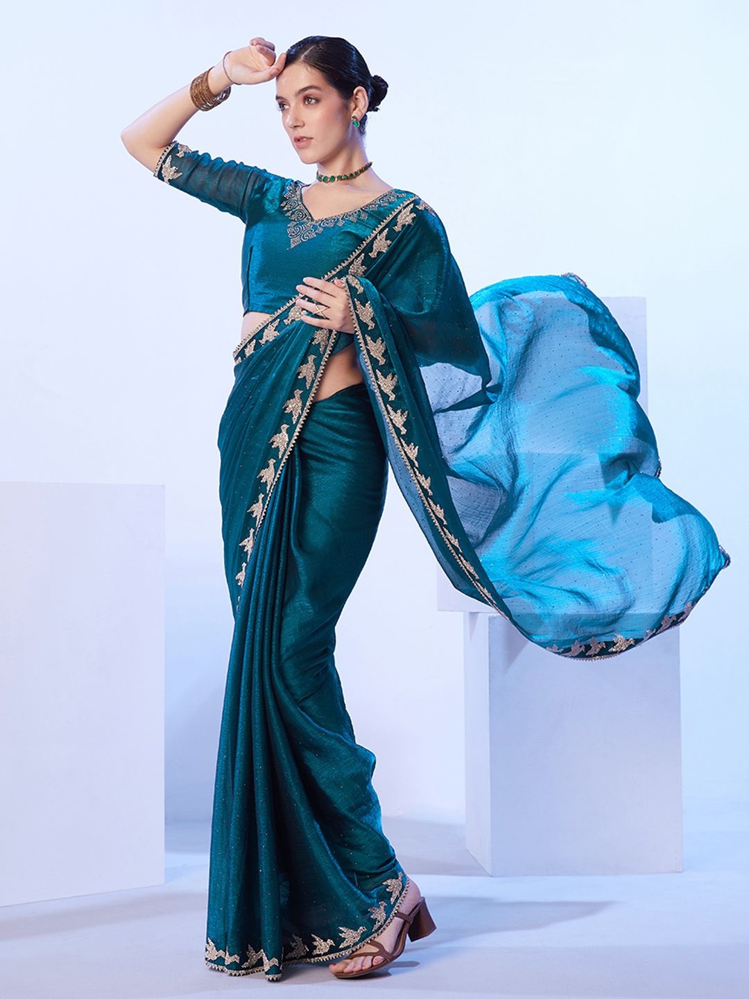 

Mitera Embellished Beads and Stones Saree, Teal