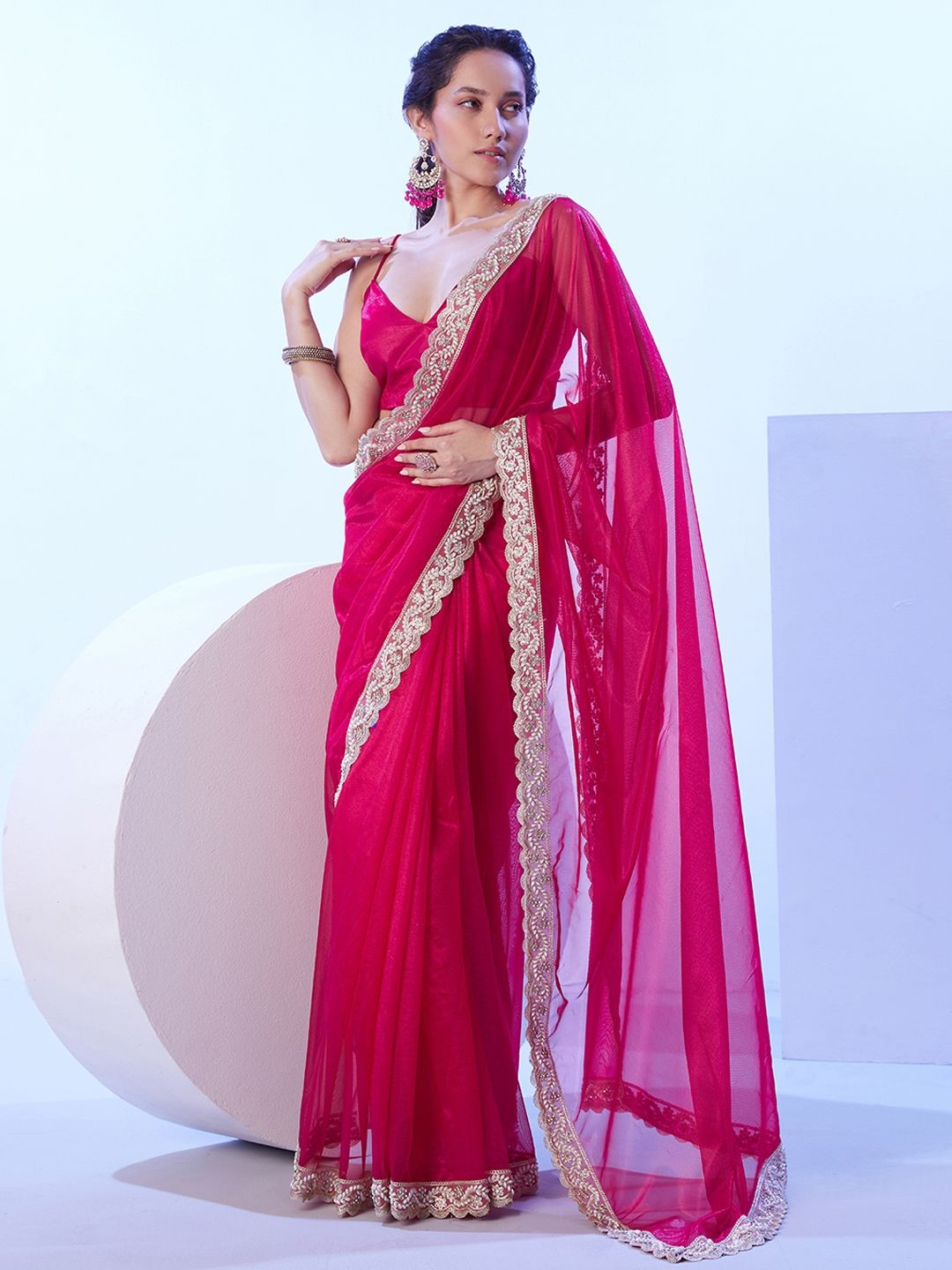 

Mitera Embellished Beads and Stones Saree, Red