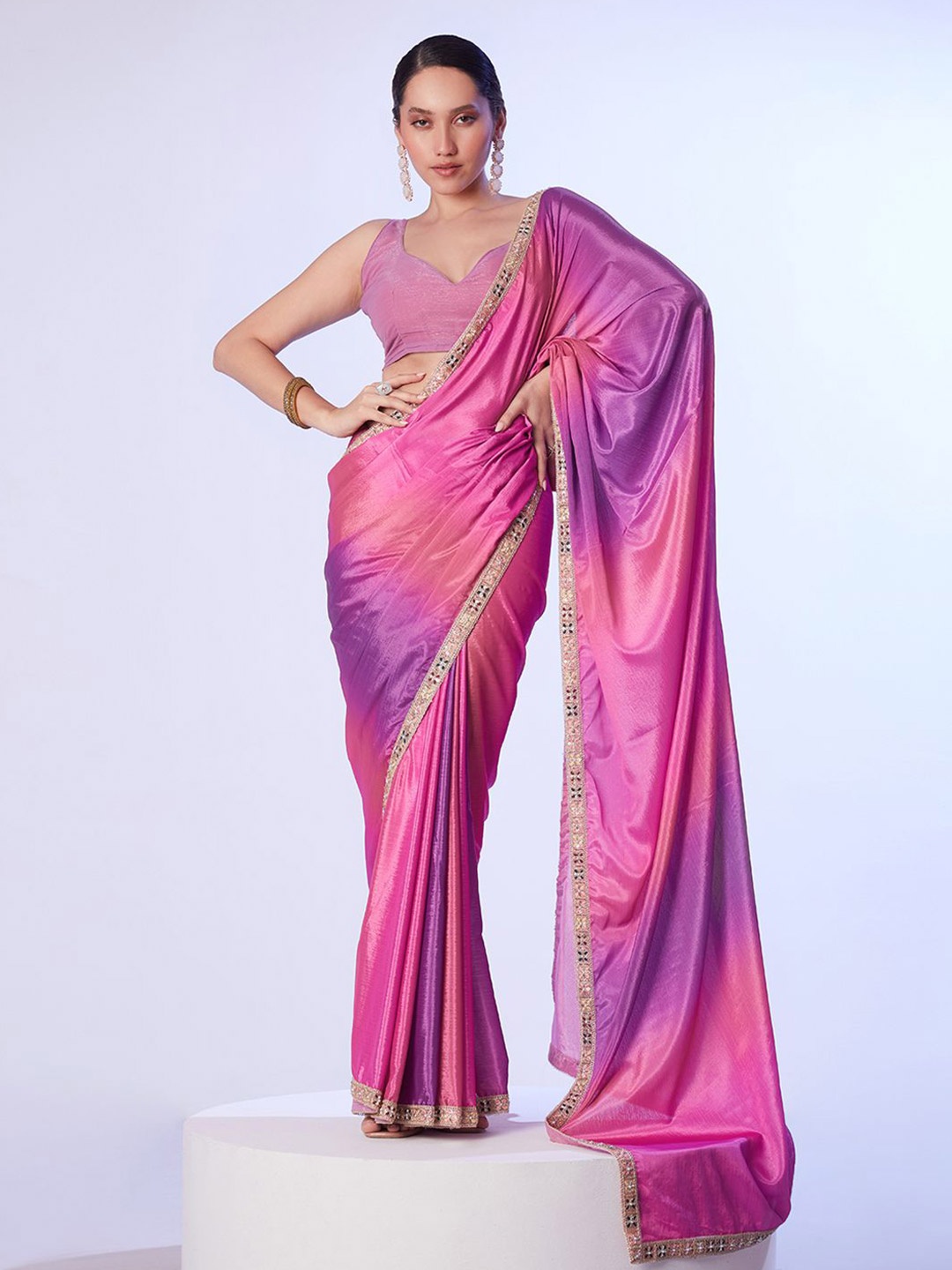 

Mitera Ombre Beads and Stones Embellished Saree, Pink