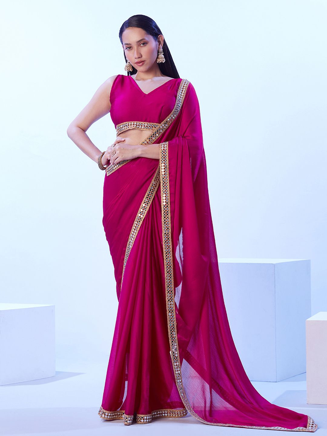 

Mitera Mirror Work Embellished Saree, Red